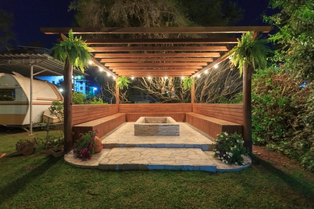 Wooden Benches around Fireplace Area